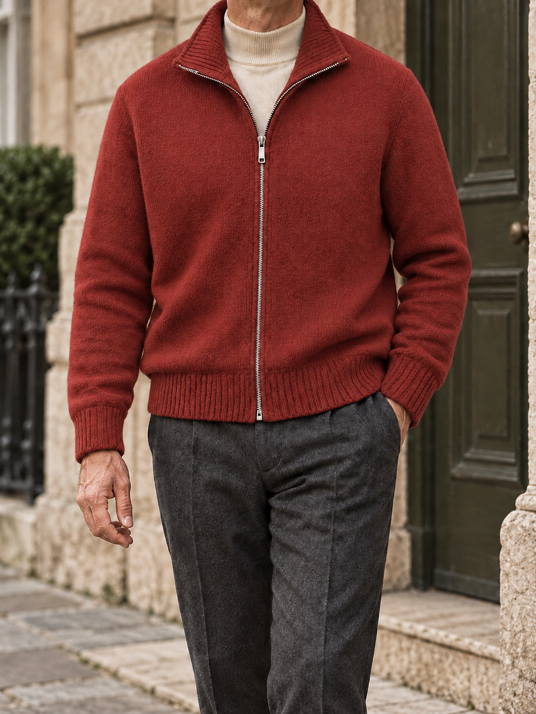 Men's solid full-zip cardigan - Red