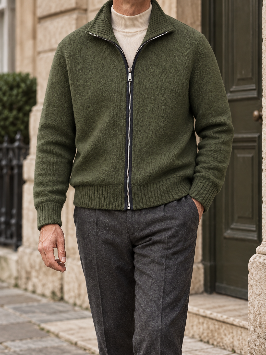 Men's solid full-zip cardigan - Olive