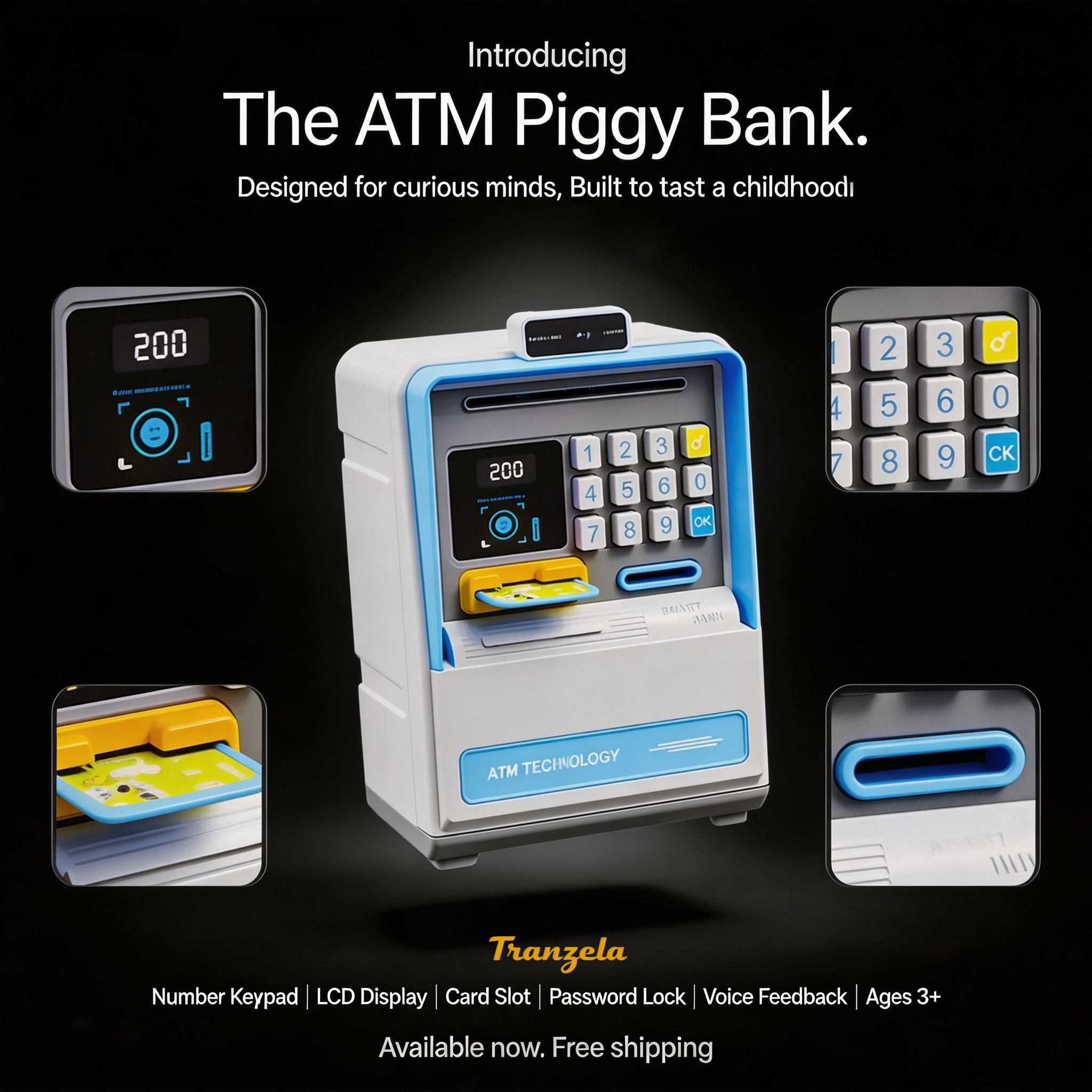 Kids ATM Piggy Bank with Simulated Facial Recognition & Password Lock, Automatic Cash Roller Money Saving Box, Electronic Storage with Light & Sound, Children's Day Gift for Early Financial Education