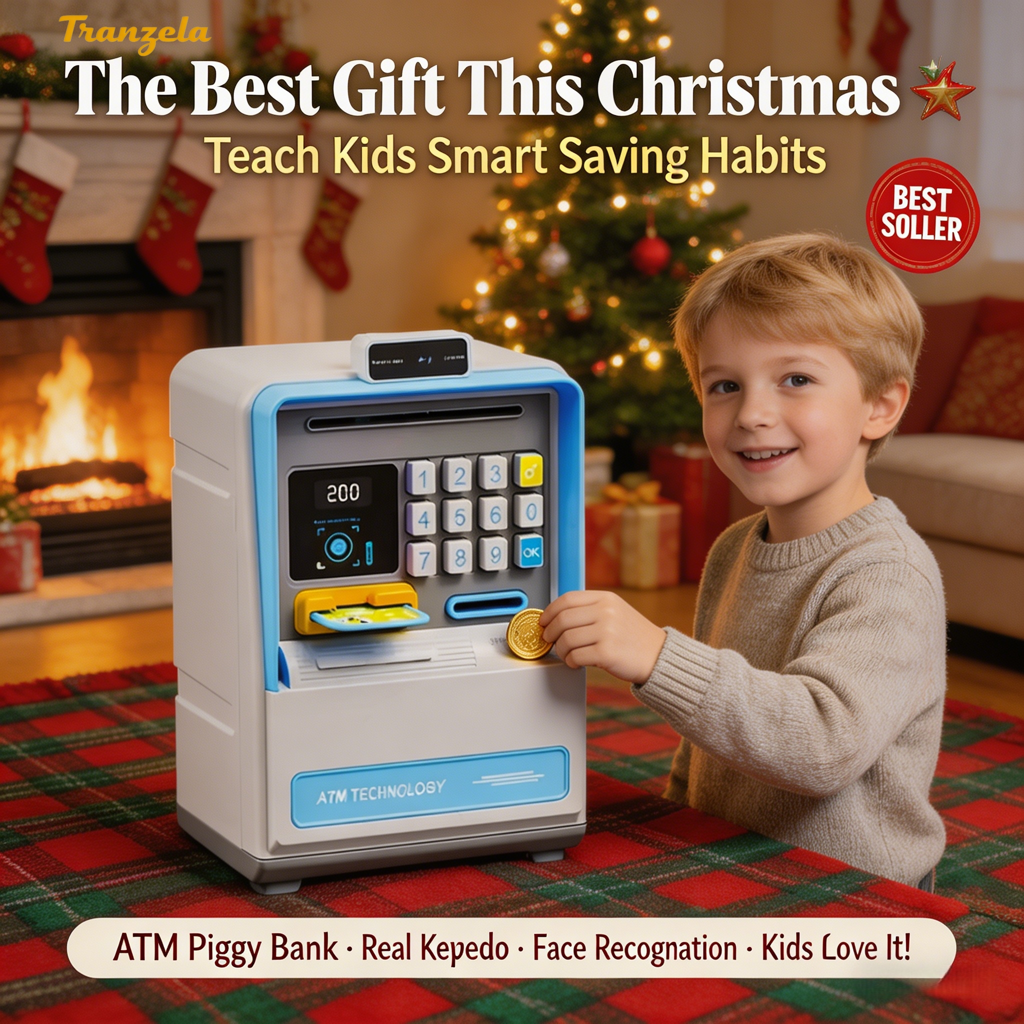 Kids ATM Piggy Bank with Simulated Facial Recognition & Password Lock, Automatic Cash Roller Money Saving Box, Electronic Storage with Light & Sound, Children's Day Gift for Early Financial Education