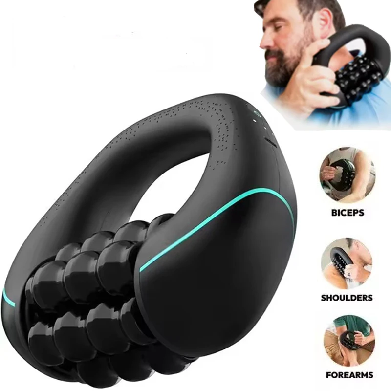 Rechargeable Rolling Percussive Massager, 3-Speed Deep Tissue Massage Gun with Hands-Free Base, Full Body Muscle Relief Massager