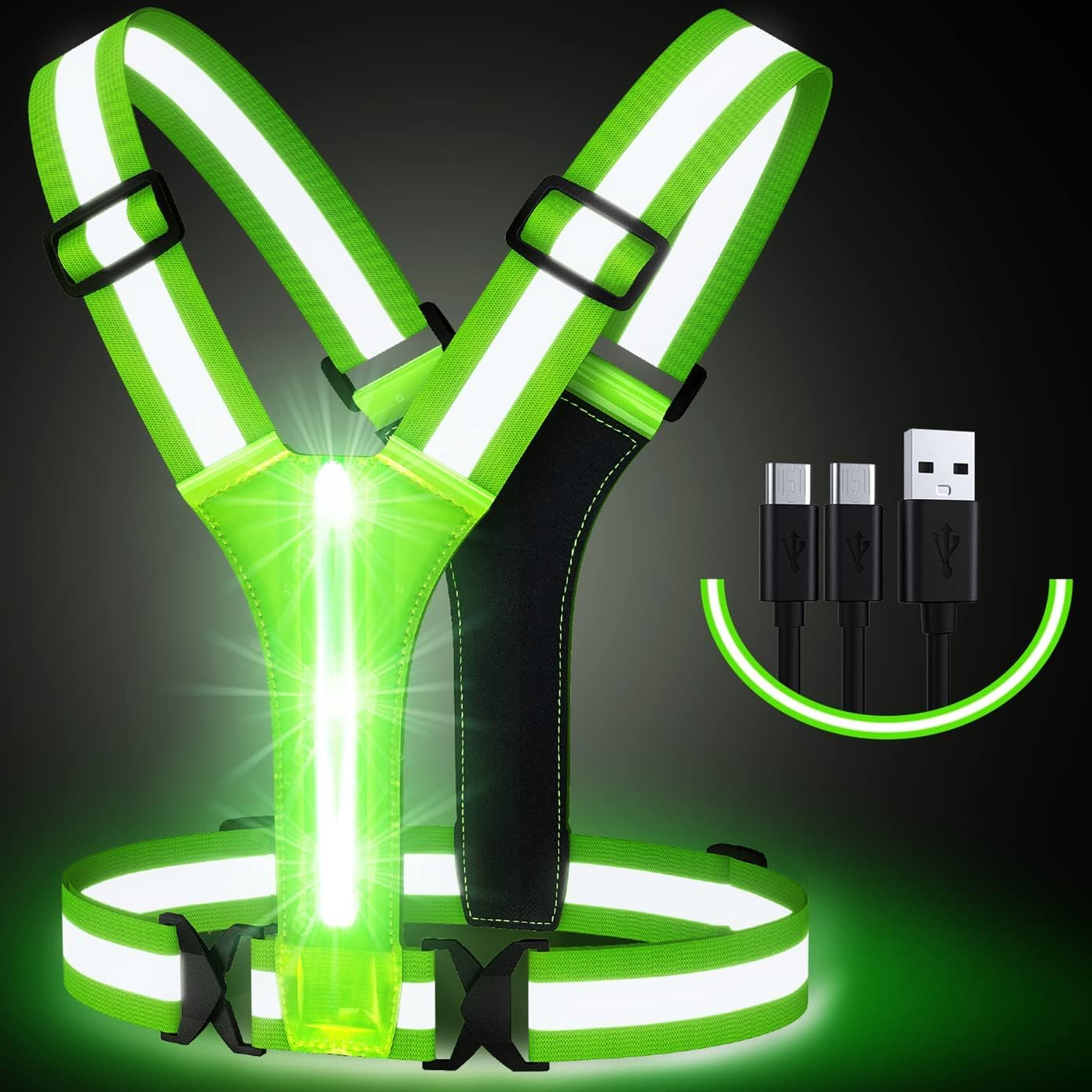 USB Rechargeable LED Glow Reflective Vest, Waterproof High Brightness Light Vest, 10-12H Long Battery Adjustable Illuminated Vest for Night Running Biking Dog Walking, Adults & Kids