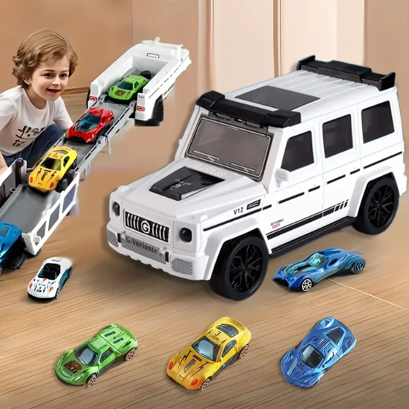 Children's Day Gift, 1 Off-Road Vehicle + 3 Mini Cars (Set of 4), Sound & Light Deformation Track Car with Launcher, Inertial Folding Toy Car
