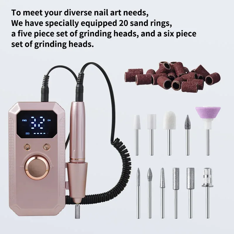 Electric Nail Drill for Nail Techs and DIY Manicure Lovers, 35000 RPM Professional E File with Reversible Rotation, 32 Speed LCD Display Nail Grinder for Acrylic Gel Polish Rose Gold