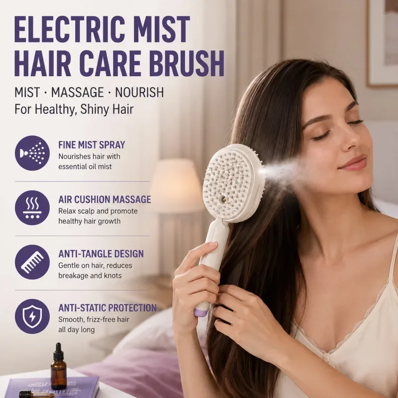 3 in 1 Electric Hair Comb with Nano Mist Spray, Vibration Scalp Massage & Self-Cleaning, USB Rechargeable 1200mAh Cordless Hair Brush, 90 Mins Working Time