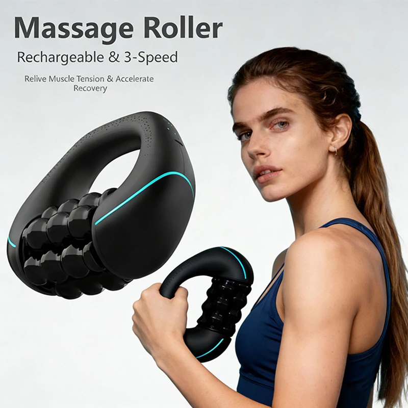 Rechargeable Rolling Percussive Massager, 3-Speed Deep Tissue Massage Gun with Hands-Free Base, Full Body Muscle Relief Massager