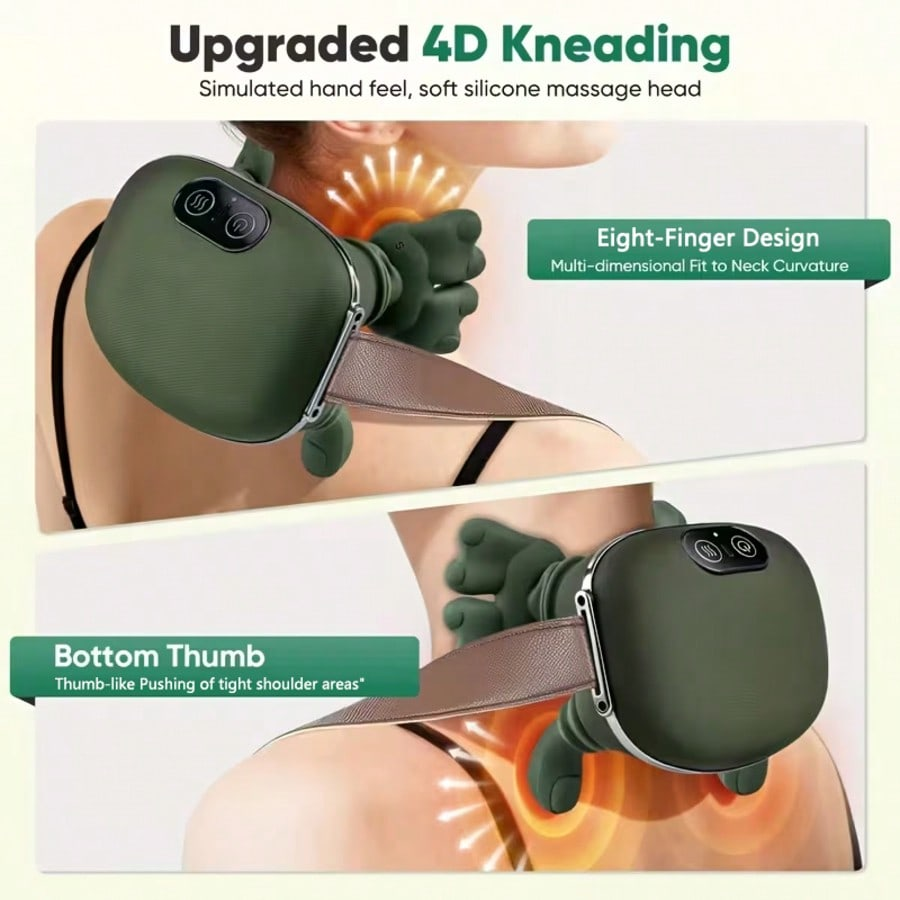 Neck and Shoulder Massager with Heat, Deep Kneading Trapezius Massager, 42℃ & 45℃ Hot Compress, Wireless Rechargeable Wearable Back Massager with Flexible Silicone Nodes Green