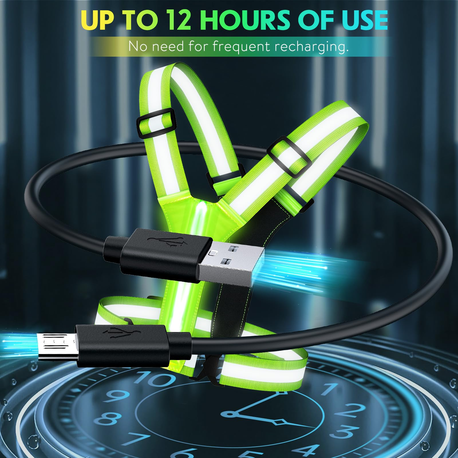 USB Rechargeable LED Glow Reflective Vest, Waterproof High Brightness Light Vest, 10-12H Long Battery Adjustable Illuminated Vest for Night Running Biking Dog Walking, Adults & Kids