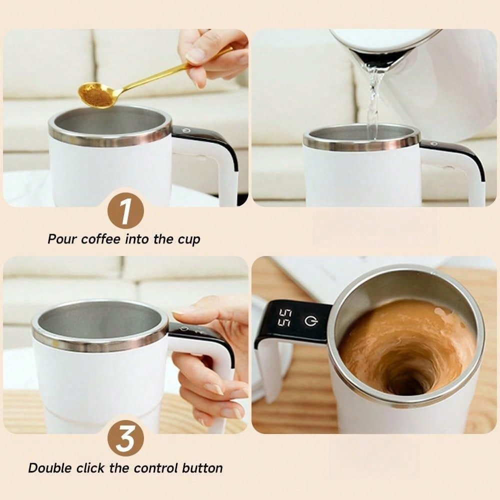 Electric Self Stirring Mug for Office & Coffee Lovers, 380ml Automatic Mixing Cup with Type-C Charging & LCD Display, Portable Hands-Free Travel Coffee Mug, White & Black
