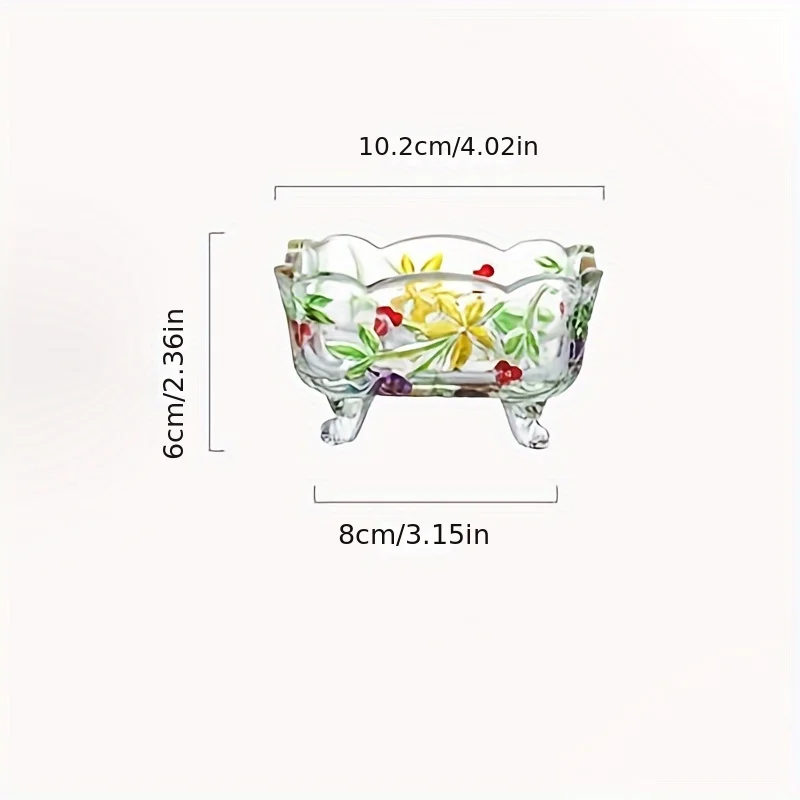 Hand Drawn Colored Glass Ashtray with Grape Relief, Vintage Square Multi-Purpose Jar, Decorative Home Bowl for Candy Storage & Jewelry Box