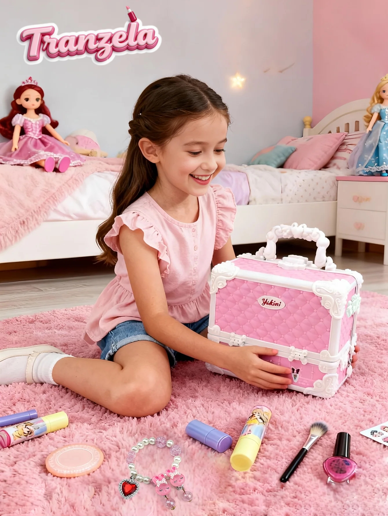 Kids Pretend Play Makeup Set with Mirror, 24 Color Tablets, Play Bottles & Role-Play Accessories, Foldable Carry Case, Pink