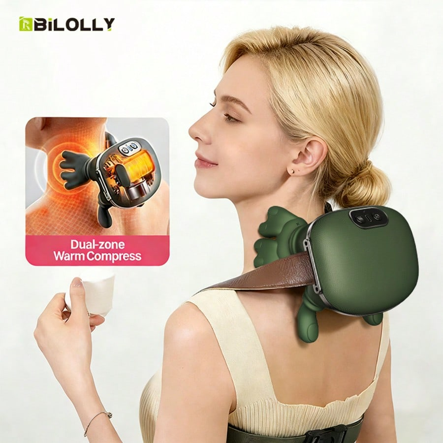 Neck and Shoulder Massager with Heat, Deep Kneading Trapezius Massager, 42℃ & 45℃ Hot Compress, Wireless Rechargeable Wearable Back Massager with Flexible Silicone Nodes Green