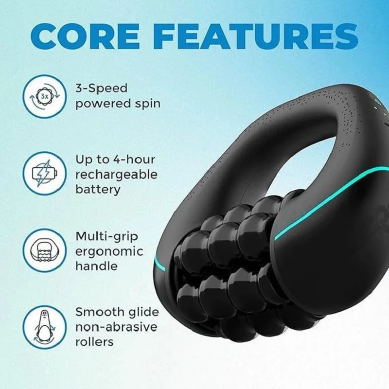 Rechargeable Rolling Percussive Massager, 3-Speed Deep Tissue Massage Gun with Hands-Free Base, Full Body Muscle Relief Massager