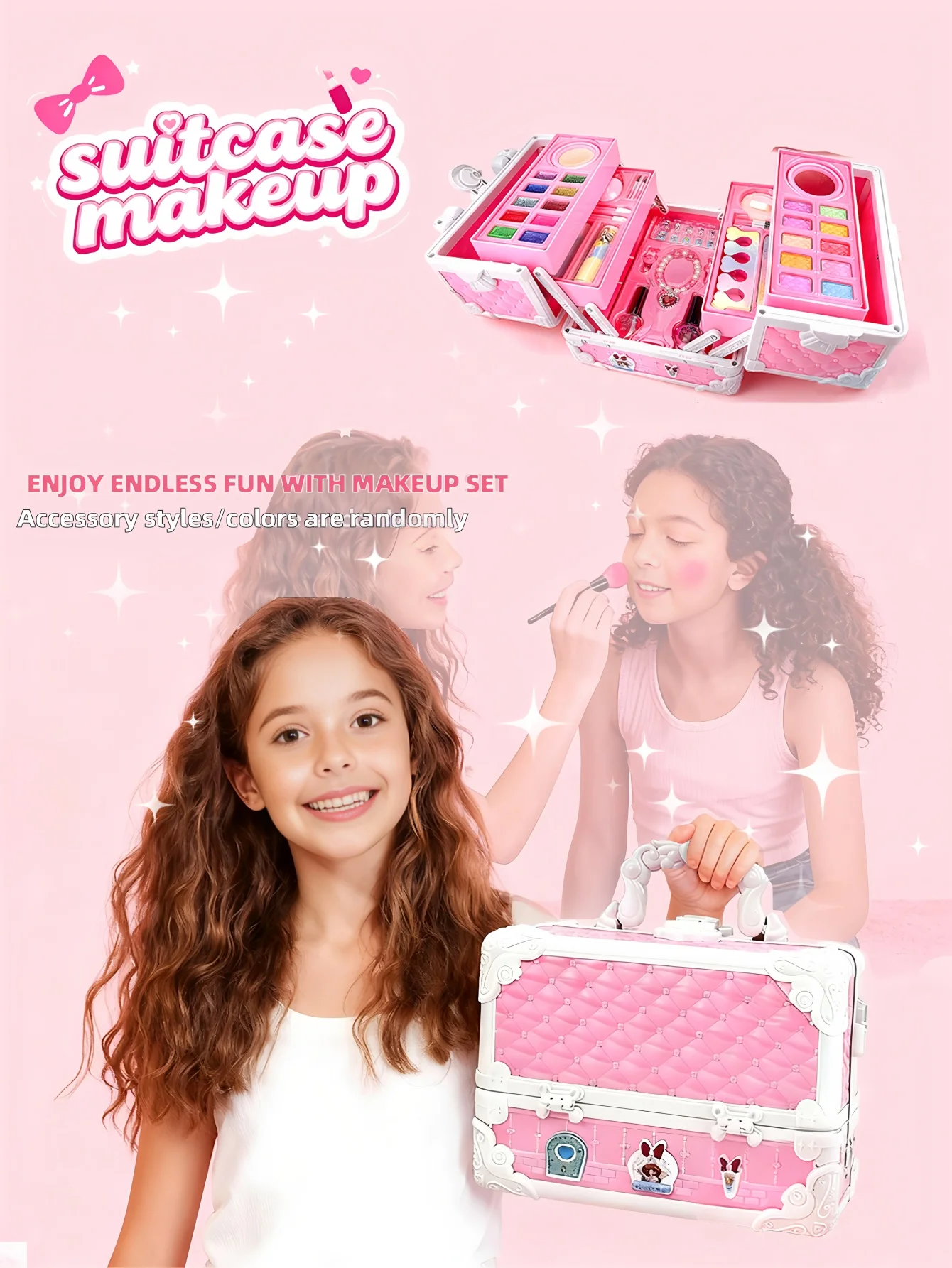 Kids Pretend Play Makeup Set with Mirror, 24 Color Tablets, Play Bottles & Role-Play Accessories, Foldable Carry Case, Pink