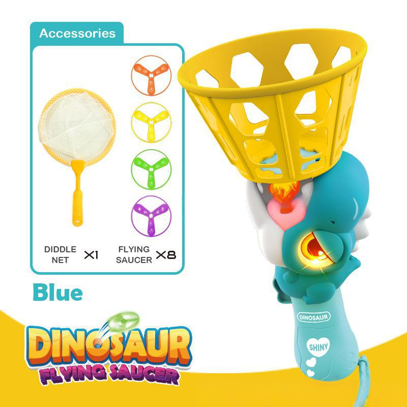 Dino Glow Flying Disc Launcher for Dogs, LED Light-Up Dinosaur Toy with 8pcs Glowing Saucers & Mesh Net, Interactive Fetch Game for Active Canines