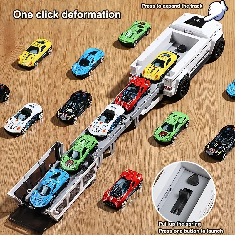 Children's Day Gift, 1 Off-Road Vehicle + 3 Mini Cars (Set of 4), Sound & Light Deformation Track Car with Launcher, Inertial Folding Toy Car