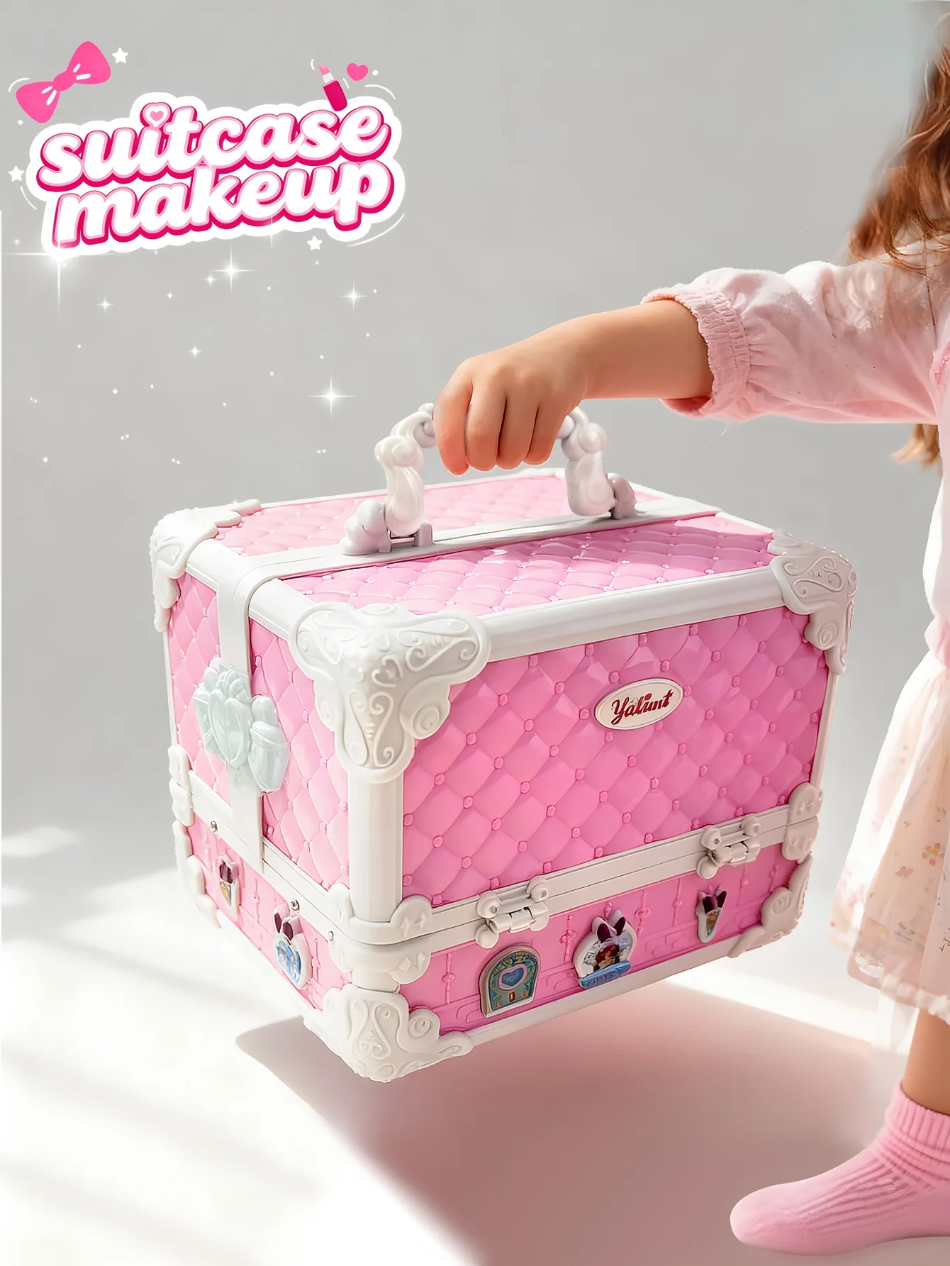 Kids Pretend Play Makeup Set with Mirror, 24 Color Tablets, Play Bottles & Role-Play Accessories, Foldable Carry Case, Pink