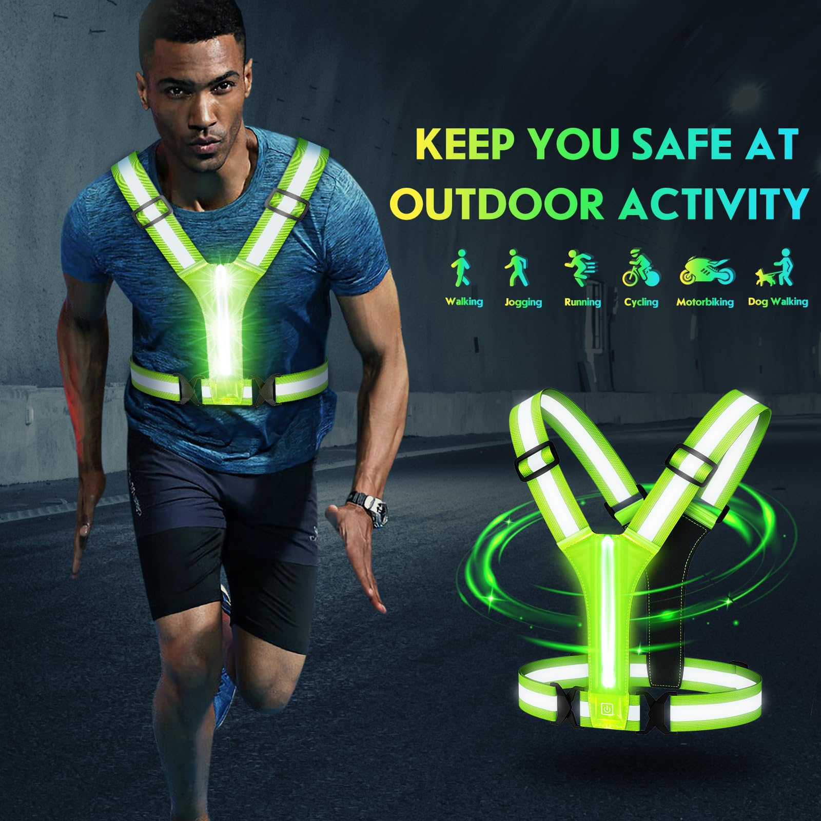 USB Rechargeable LED Glow Reflective Vest, Waterproof High Brightness Light Vest, 10-12H Long Battery Adjustable Illuminated Vest for Night Running Biking Dog Walking, Adults & Kids