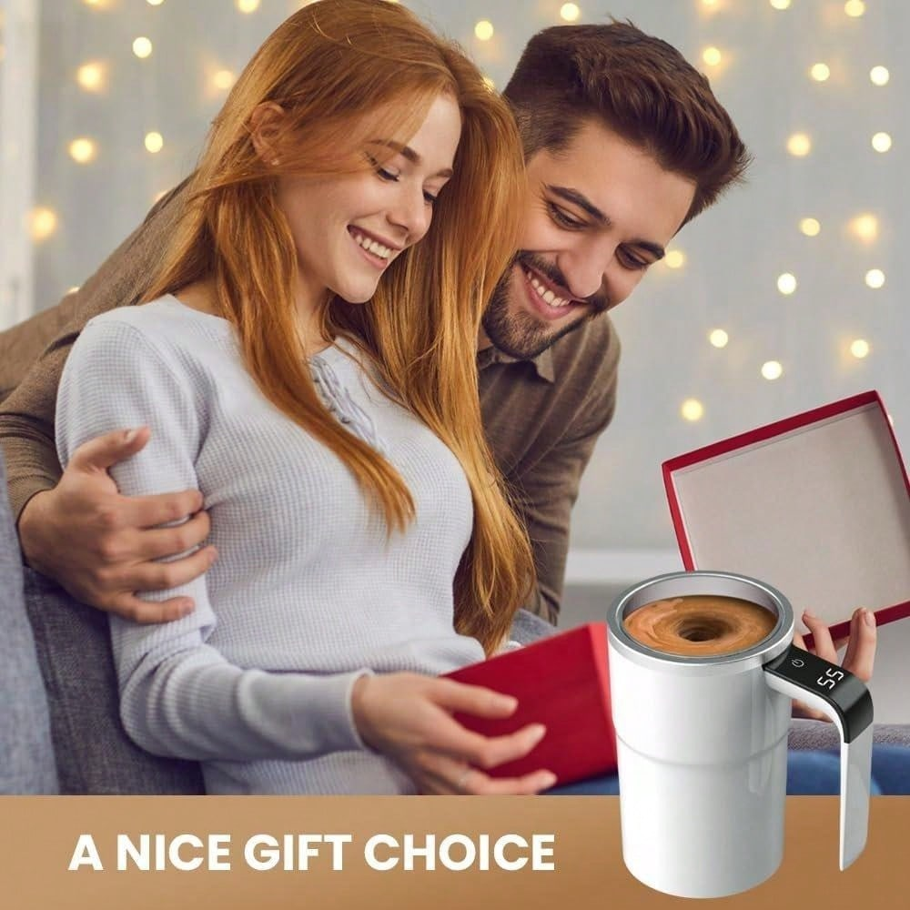 Electric Self Stirring Mug for Office & Coffee Lovers, 380ml Automatic Mixing Cup with Type-C Charging & LCD Display, Portable Hands-Free Travel Coffee Mug, White & Black