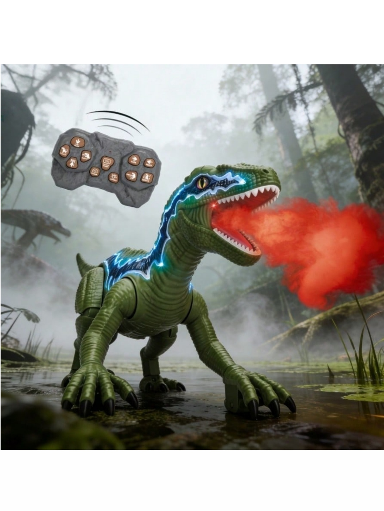 2.4GHz Remote Control Dinosaur Toy with Realistic Walking, Roaring, LED Lights, Laser Tracking & Spray, Interactive Electric Dinosaur with Demo Mode, Jurassic Christmas Gift for Kids Ages 3+