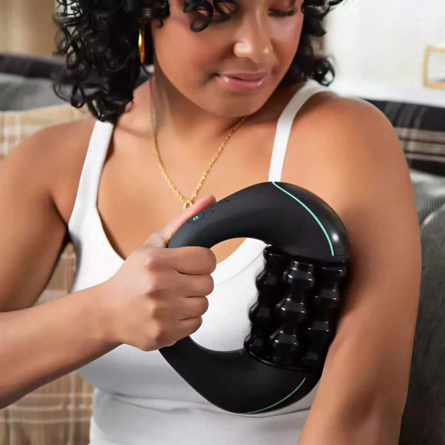 Rechargeable Rolling Percussive Massager, 3-Speed Deep Tissue Massage Gun with Hands-Free Base, Full Body Muscle Relief Massager