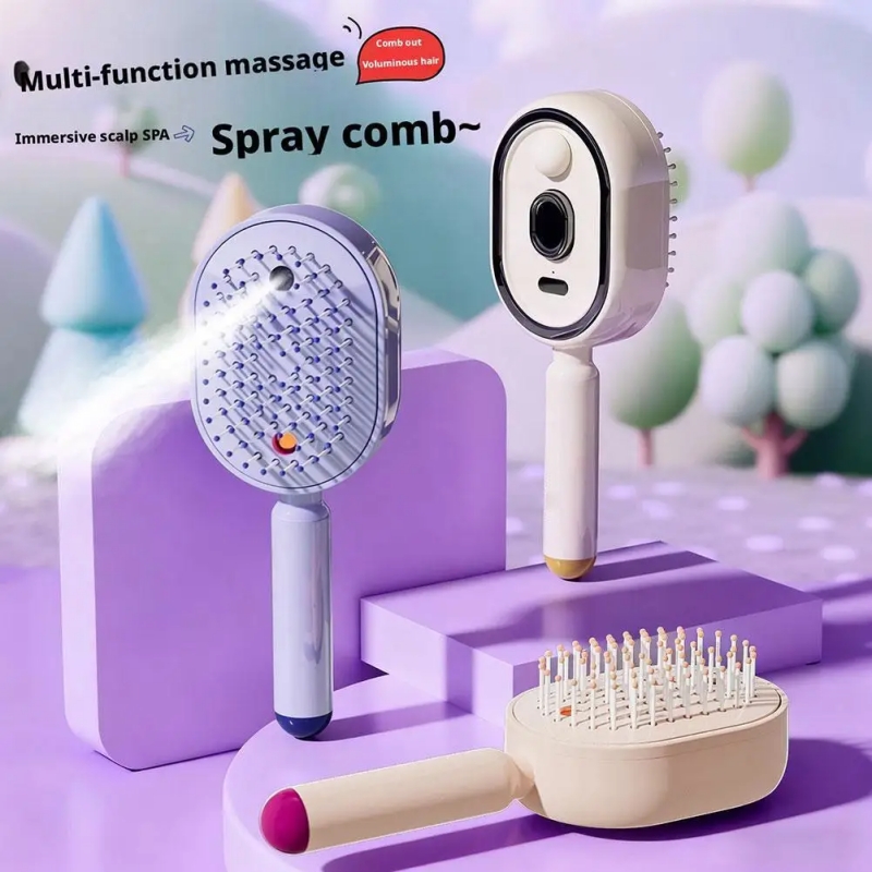 3 in 1 Electric Hair Comb with Nano Mist Spray, Vibration Scalp Massage & Self-Cleaning, USB Rechargeable 1200mAh Cordless Hair Brush, 90 Mins Working Time