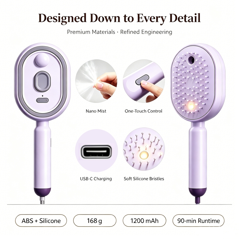 3 in 1 Electric Hair Comb with Nano Mist Spray, Vibration Scalp Massage & Self-Cleaning, USB Rechargeable 1200mAh Cordless Hair Brush, 90 Mins Working Time