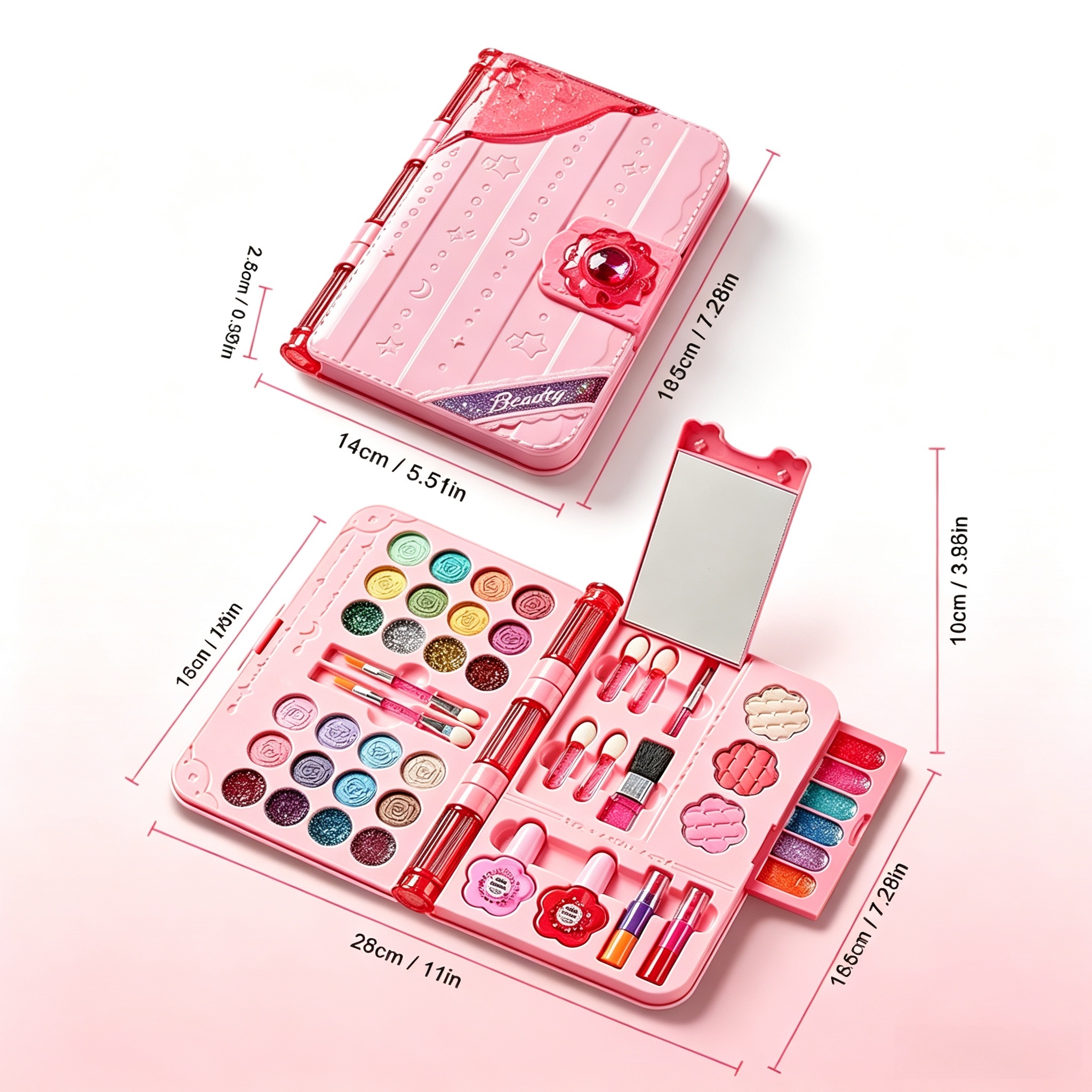 Kids Pretend Play Makeup Set with Mirror, 24 Color Tablets, Play Bottles & Role-Play Accessories, Foldable Carry Case, Pink