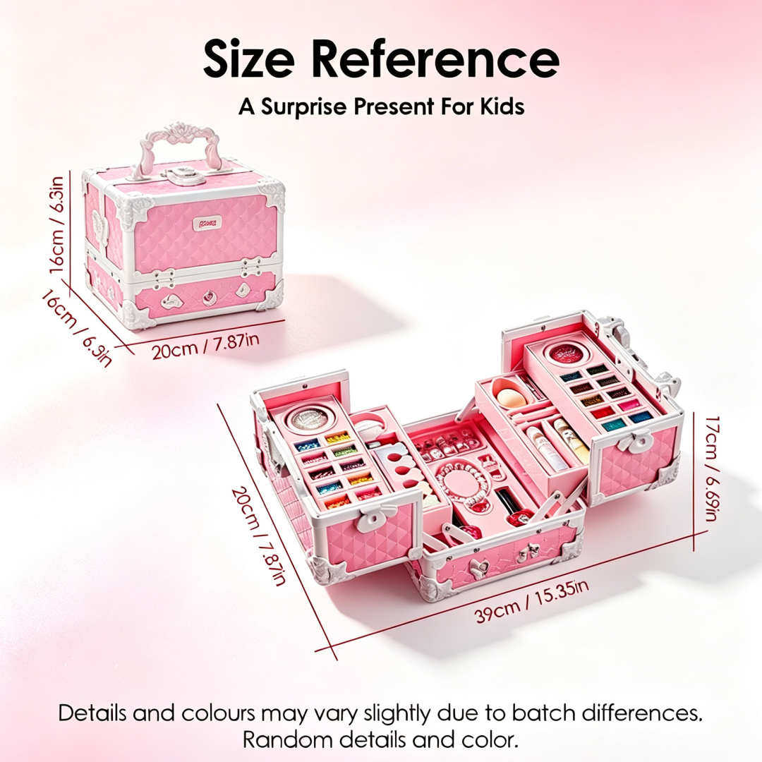 Kids Pretend Play Makeup Set with Mirror, 24 Color Tablets, Play Bottles & Role-Play Accessories, Foldable Carry Case, Pink