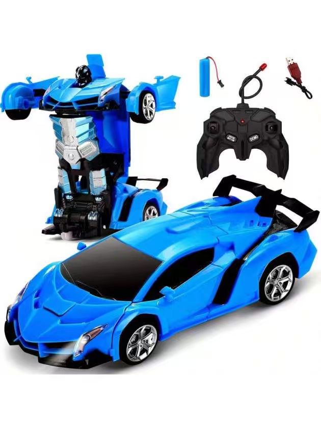 Remote Control Transforming Robot Car for Boys & Girls, 2.4GHz RC Sports Car Toy with Auto Demo Mode, One Button Car to Robot Transformation, 360° Stunt Drift Toy, Blue
