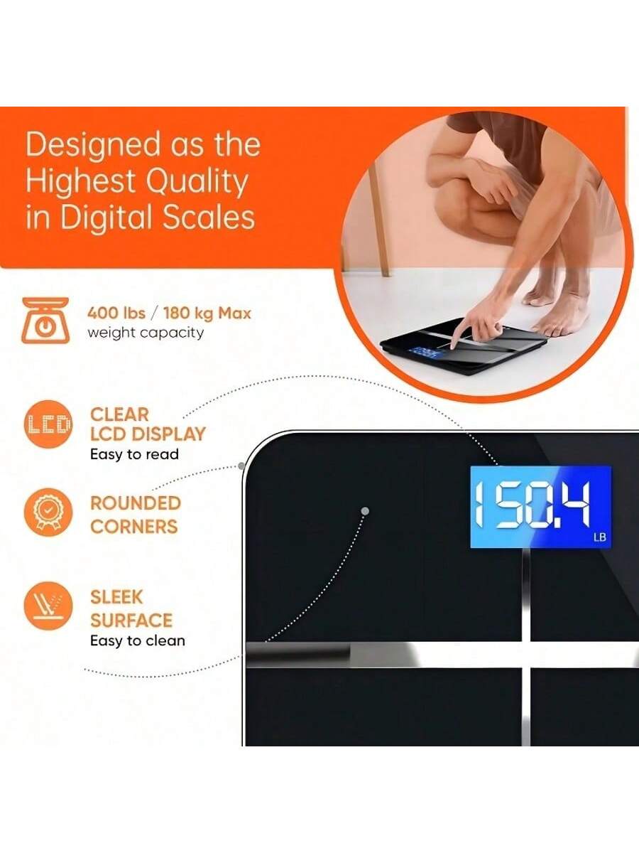 Digital Bathroom Scale with LED Display, 180kg Max Capacity, 50g Graduation, kg/lb Switchable Units, Built-In Temperature Sensor, Tempered Glass Body Weight Scale, Black