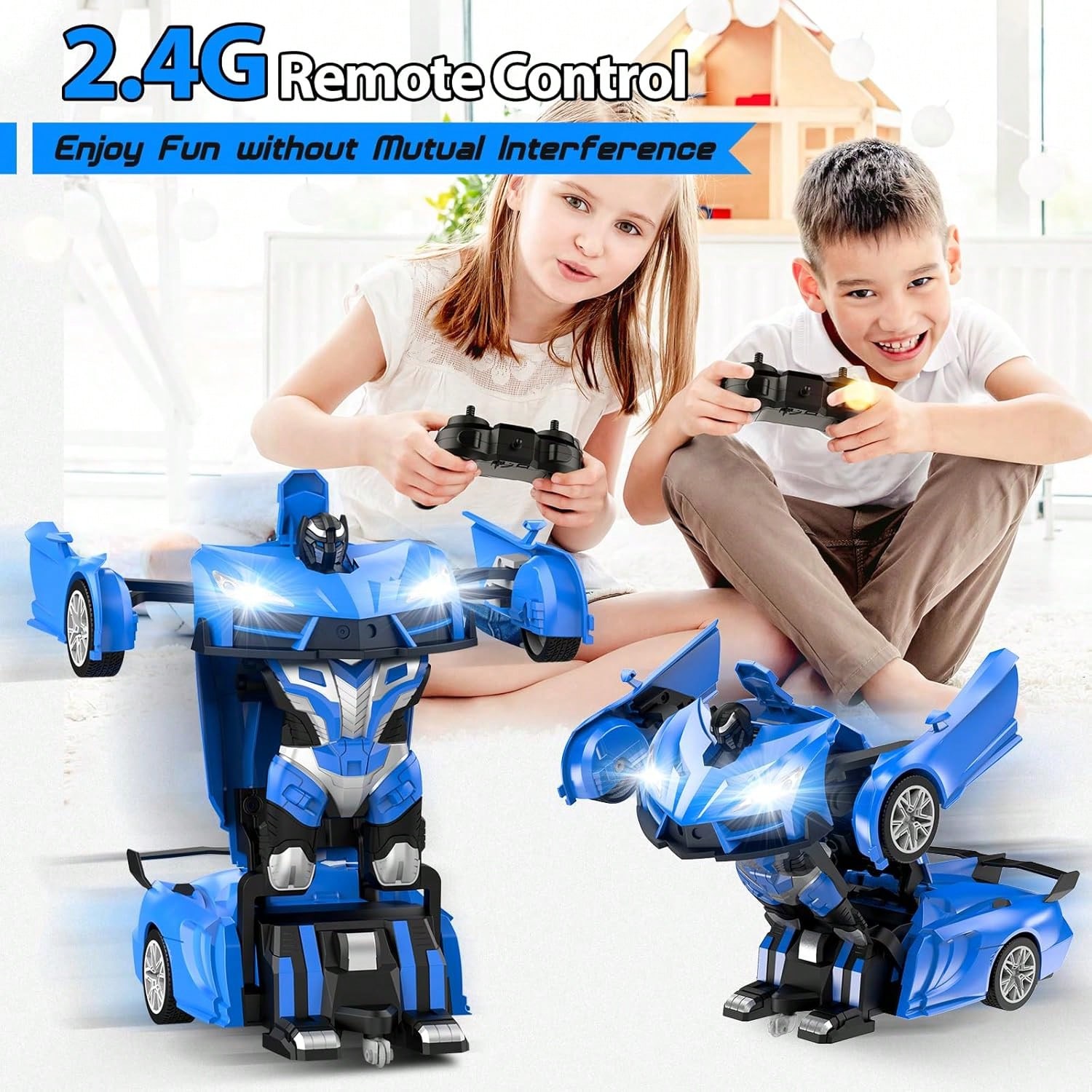 Remote Control Transforming Robot Car for Boys & Girls, 2.4GHz RC Sports Car Toy with Auto Demo Mode, One Button Car to Robot Transformation, 360° Stunt Drift Toy, Blue