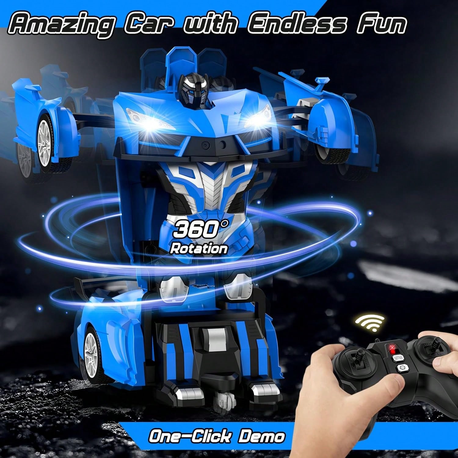 Remote Control Transforming Robot Car for Boys & Girls, 2.4GHz RC Sports Car Toy with Auto Demo Mode, One Button Car to Robot Transformation, 360° Stunt Drift Toy, Blue