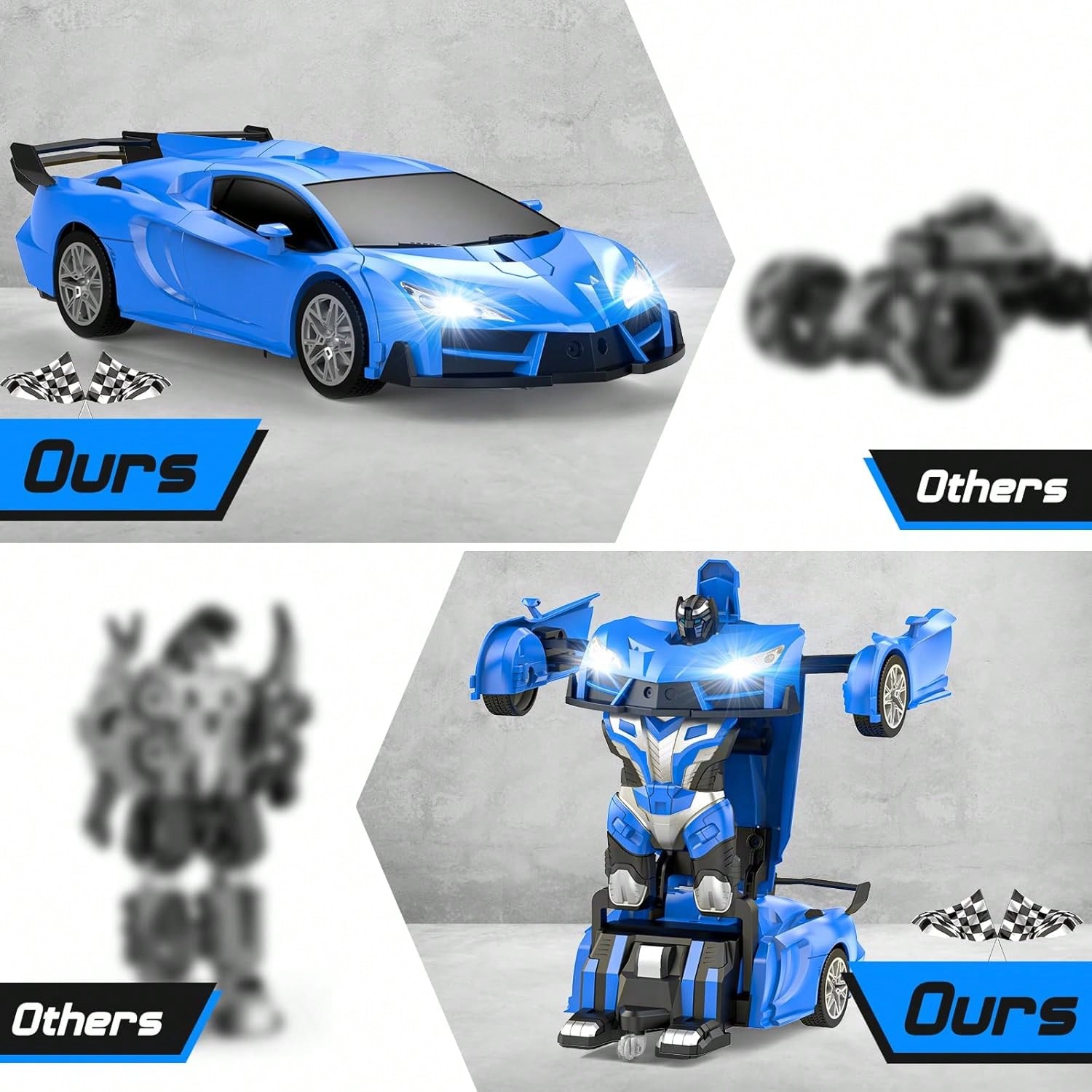 Remote Control Transforming Robot Car for Boys & Girls, 2.4GHz RC Sports Car Toy with Auto Demo Mode, One Button Car to Robot Transformation, 360° Stunt Drift Toy, Blue