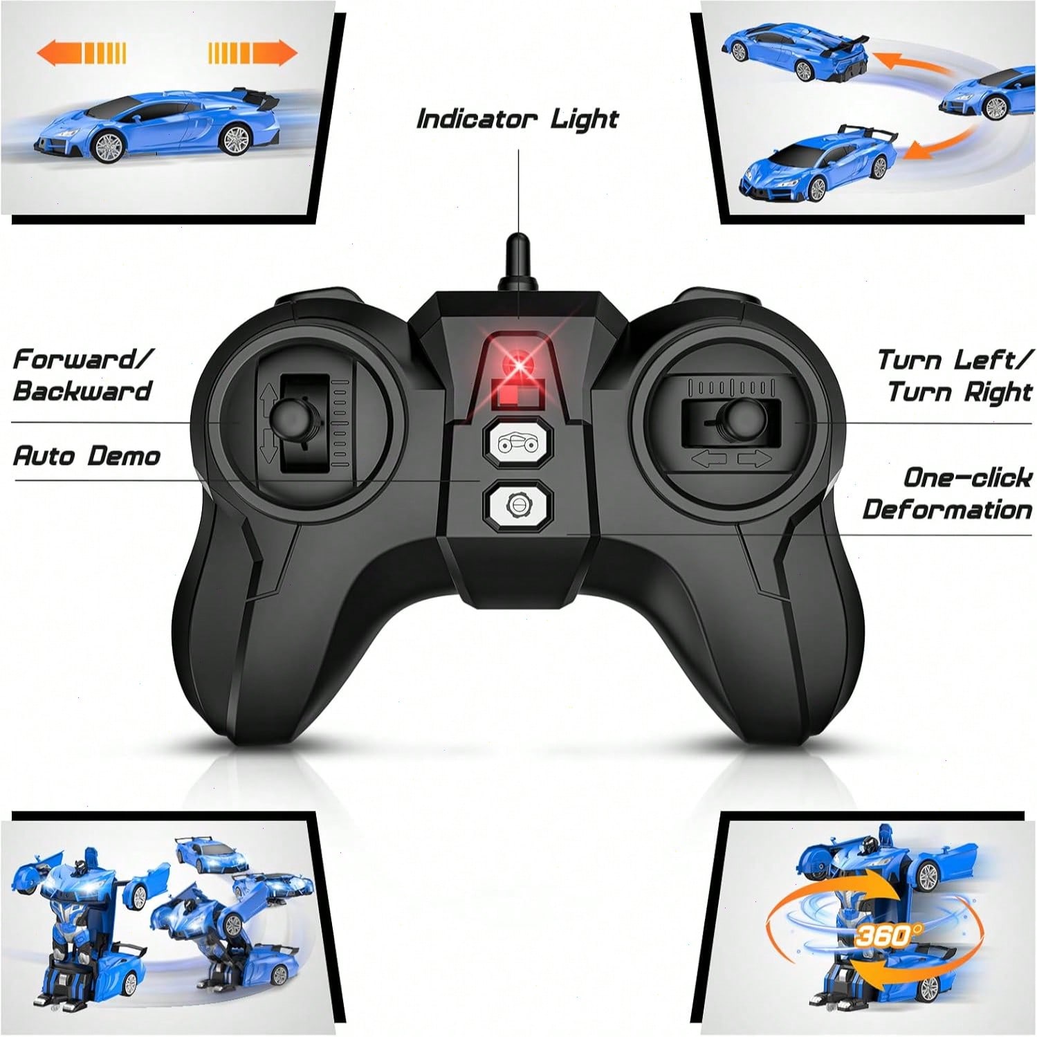 Remote Control Transforming Robot Car for Boys & Girls, 2.4GHz RC Sports Car Toy with Auto Demo Mode, One Button Car to Robot Transformation, 360° Stunt Drift Toy, Blue