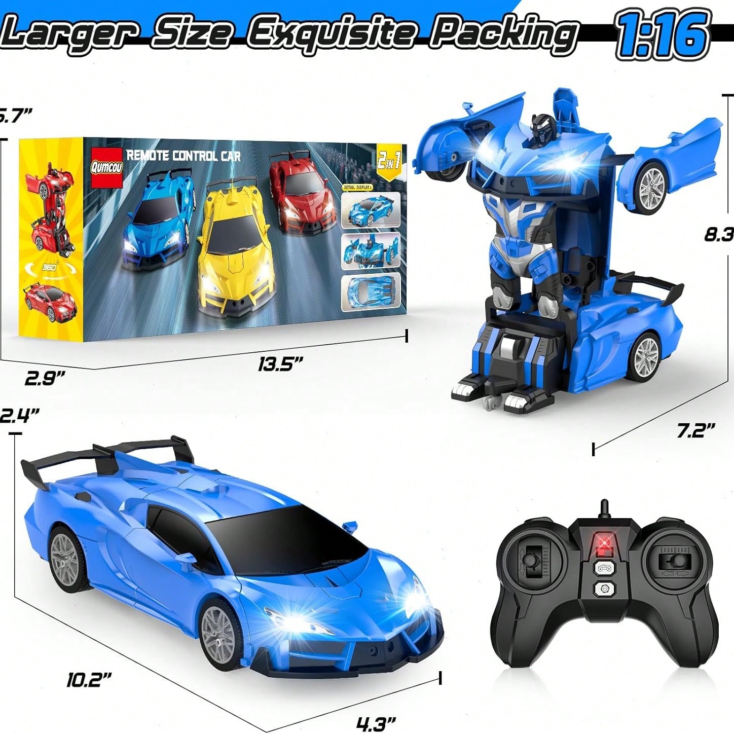 Remote Control Transforming Robot Car for Boys & Girls, 2.4GHz RC Sports Car Toy with Auto Demo Mode, One Button Car to Robot Transformation, 360° Stunt Drift Toy, Blue