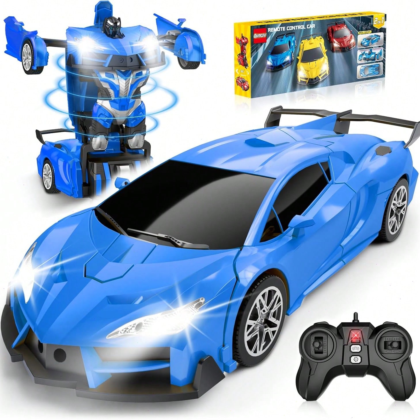 Remote Control Transforming Robot Car for Boys & Girls, 2.4GHz RC Sports Car Toy with Auto Demo Mode, One Button Car to Robot Transformation, 360° Stunt Drift Toy, Blue