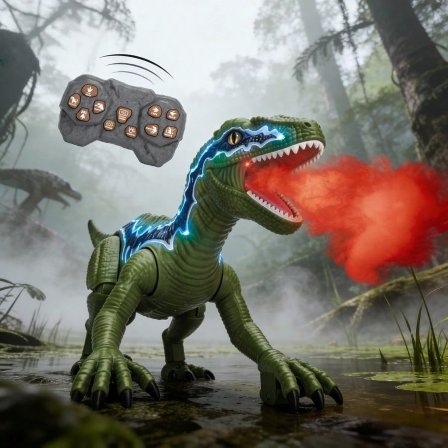 2.4GHz Remote Control Dinosaur Toy with Realistic Walking, Roaring, LED Lights, Laser Tracking & Spray, Interactive Electric Dinosaur with Demo Mode, Jurassic Christmas Gift for Kids Ages 3+