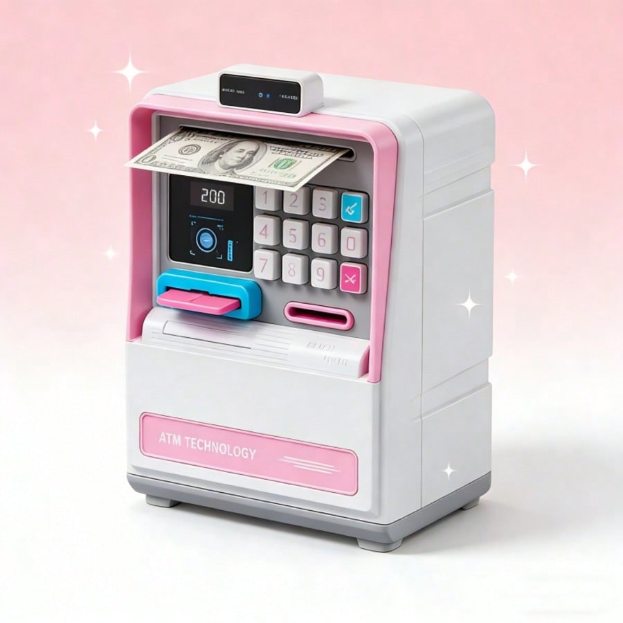 Kids ATM Piggy Bank with Simulated Facial Recognition & Password Lock, Automatic Cash Roller Money Saving Box, Electronic Storage with Light & Sound, Children's Day Gift for Early Financial Education