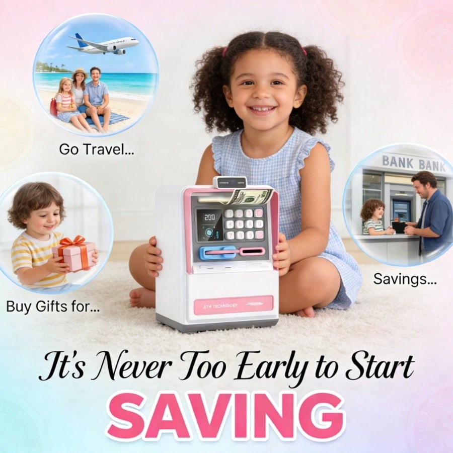 Kids ATM Piggy Bank with Simulated Facial Recognition & Password Lock, Automatic Cash Roller Money Saving Box, Electronic Storage with Light & Sound, Children's Day Gift for Early Financial Education