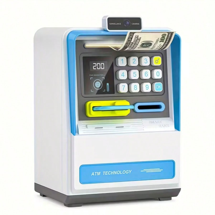 Kids ATM Piggy Bank with Simulated Facial Recognition & Password Lock, Automatic Cash Roller Money Saving Box, Electronic Storage with Light & Sound, Children's Day Gift for Early Financial Education