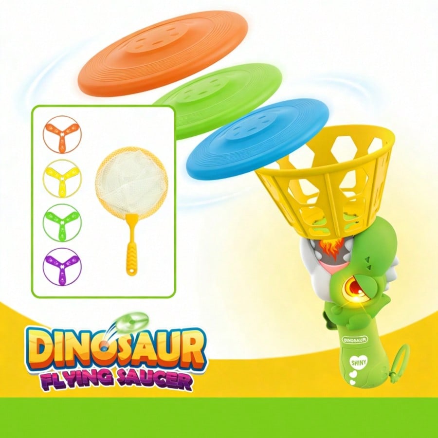 Dino Glow Flying Disc Launcher for Dogs, LED Light-Up Dinosaur Toy with 8pcs Glowing Saucers & Mesh Net, Interactive Fetch Game for Active Canines
