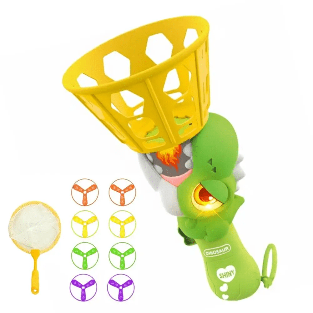 Dino Glow Flying Disc Launcher for Dogs, LED Light-Up Dinosaur Toy with 8pcs Glowing Saucers & Mesh Net, Interactive Fetch Game for Active Canines