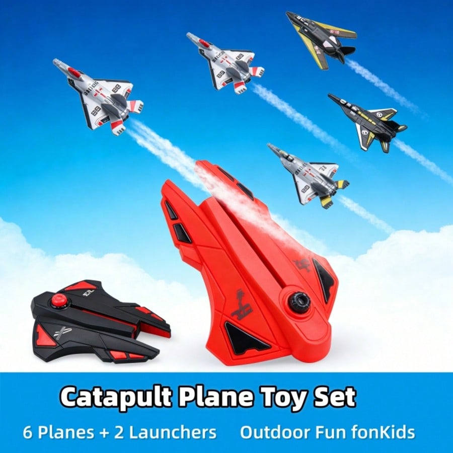Launchable Flying Toy Set with 6 Planes, Outdoor Fighter Jet Toys for Boys, Manual Launcher Airplane Model, Kids Gift for Children's Day & Christmas
