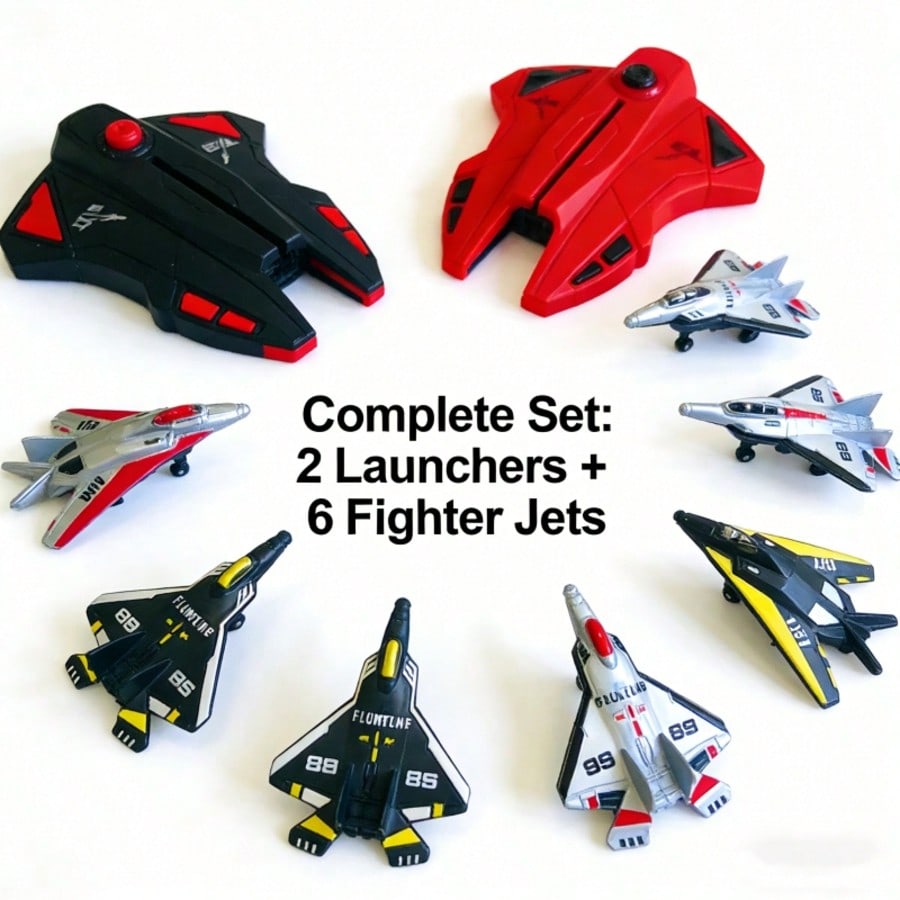 Launchable Flying Toy Set with 6 Planes, Outdoor Fighter Jet Toys for Boys, Manual Launcher Airplane Model, Kids Gift for Children's Day & Christmas