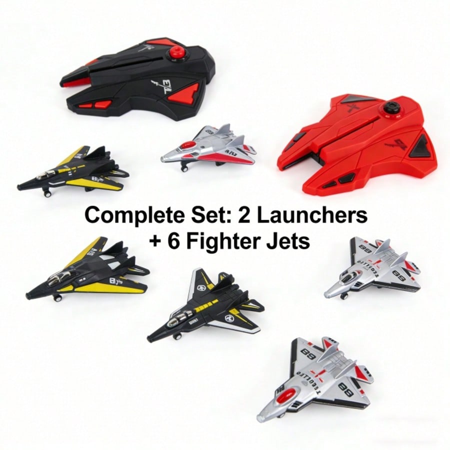 Launchable Flying Toy Set with 6 Planes, Outdoor Fighter Jet Toys for Boys, Manual Launcher Airplane Model, Kids Gift for Children's Day & Christmas