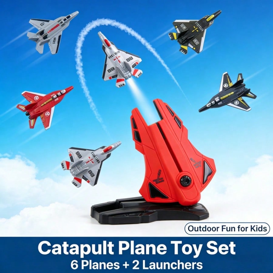 Launchable Flying Toy Set with 6 Planes, Outdoor Fighter Jet Toys for Boys, Manual Launcher Airplane Model, Kids Gift for Children's Day & Christmas