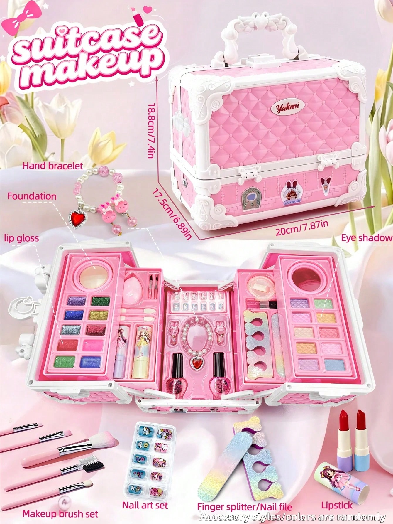 Kids Pretend Play Makeup Set with Mirror, 24 Color Tablets, Play Bottles & Role-Play Accessories, Foldable Carry Case, Pink