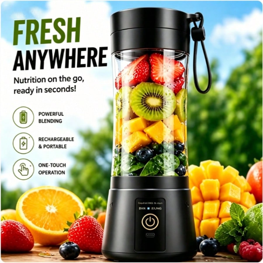 Portable Smoothie Blender for Gym, Office, Travel & Outdoor, 360ml USB Rechargeable One Touch Personal Blender, Mini Juice Maker for Protein Shakes & Baby Food, Black