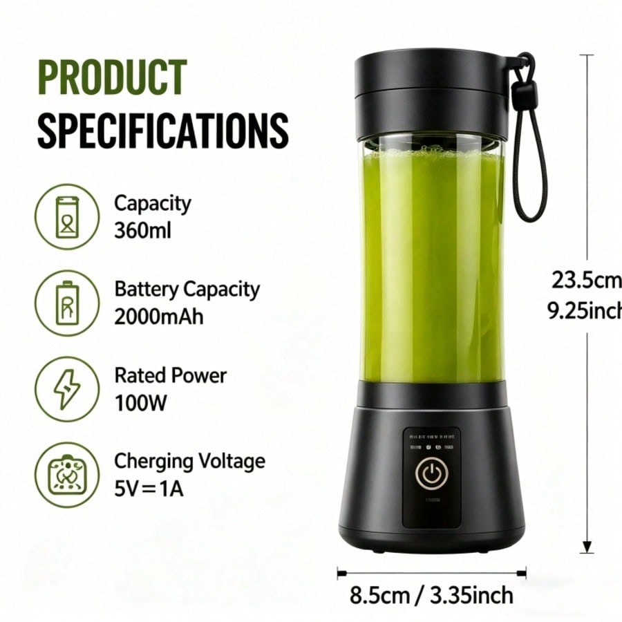 Portable Smoothie Blender for Gym, Office, Travel & Outdoor, 360ml USB Rechargeable One Touch Personal Blender, Mini Juice Maker for Protein Shakes & Baby Food, Black